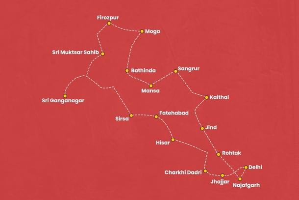 The route for the six-day journey across Haryana, Rajasthan, and Punjab.